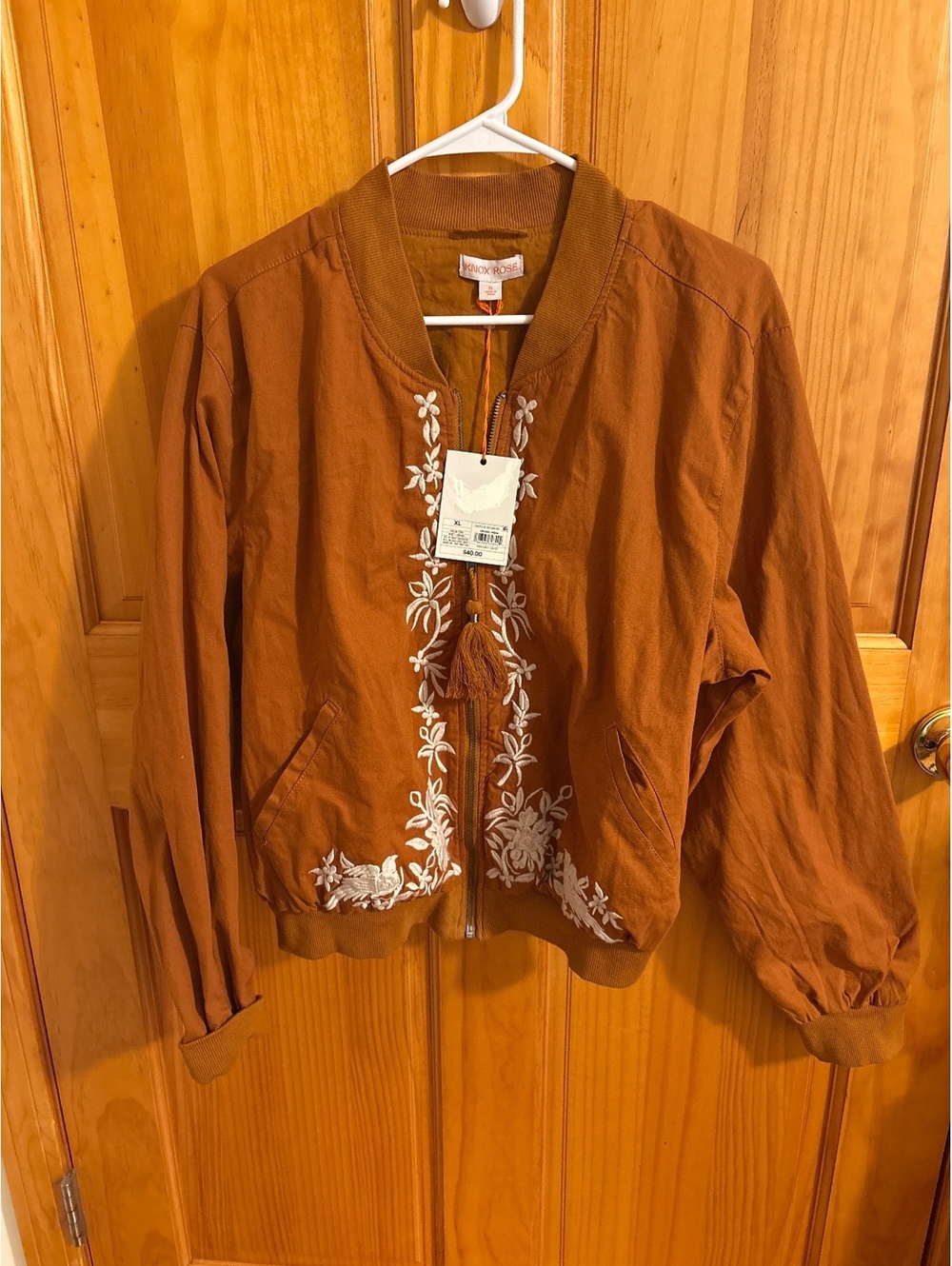 Knox Rose Boho Cottagecore Indy Western NWT Embroidered Caramel Bomber Jacket XL